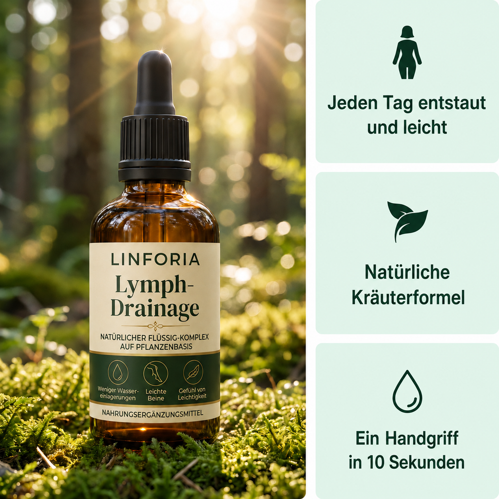 LINFORIA Lymph-Drainage – Flasche im Wald mit 3 Vorteilen